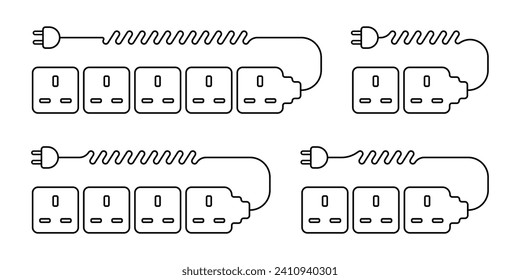 Extension cords vector icon set. Line Extension cord with plug. Many connectors for electrical appliances. Icons of braided cables of electrical extension cords. White extension cord background. 