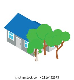 Icono de casa de extensión vector isométrico. Nuevo edificio y árbol verde caducifolio. Edificio no residencial, arquitectura rural