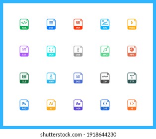 Extension Name linear icons and color icons. sheet, document, name, file. Set of multimedia symbols drawn with thin contour lines. Vector illustration.