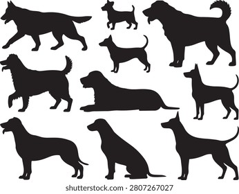 An extensive array of various dog breed silhouettes in different poses, perfect for illustrating pet related content and graphic designs.