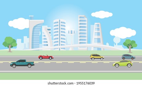 Extensive asphalt road that cuts through the modern city. Distance with green grass. Color tones are soft and comfortable on the eyes. With many cars on driving on the road.