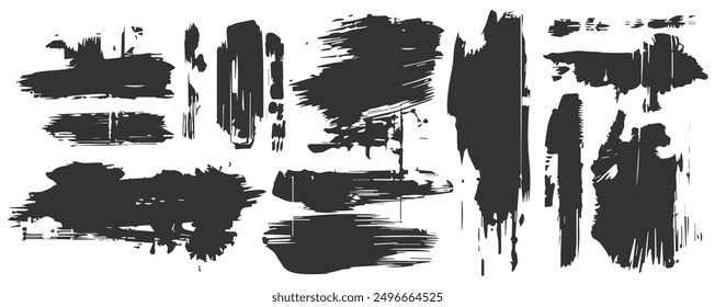 Amplio surtido de pinturas negras y pinceladas de tinta, líneas y Elementos de diseño sucios. Ilustración vectorial de Elementos artísticos aislados sobre un fondo blanco.