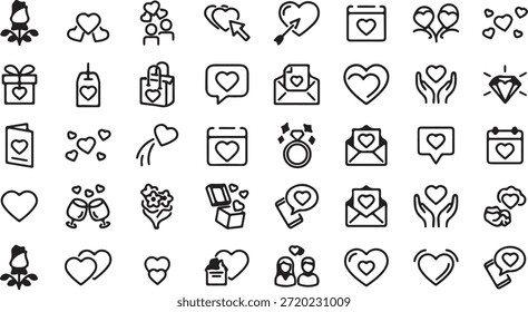 Una amplia variedad de iconos de línea en blanco y negro para el Día de San Valentín, con corazones, parejas, regalos y gestos románticos.