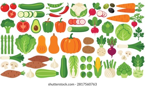 Extensive assortment of various whole and sliced vegetables and some fruits, including tomatoes, cucumbers, and pumpkins, against a white background.