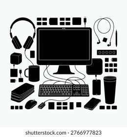 Extensive Black Silhouette Collection of Computer Peripherals and Accessories technology