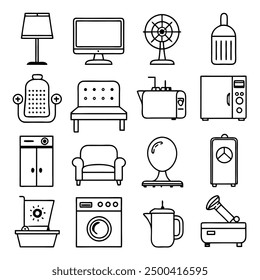 Extensive Black and White Line Art Illustrations of Essential Household Items: Modern Kitchen Appliances, Vintage Electronics, Comfortable Furniture, and Stylish Home Decor for Every Room