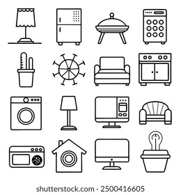 Extensive Black and White Line Art Illustrations of Essential Household Items Featuring Modern Kitchen Appliances, Vintage Electronics, Comfortable Furniture, and Stylish Home Decor for Every Room