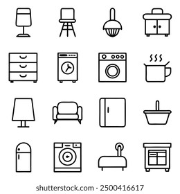 Extensive Black and White Line Art Illustrations of Essential Household Items: Modern Kitchen Appliances, Vintage Electronics, Comfortable Furniture, and Stylish Home Decor for Every Room