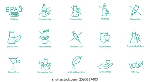 Extensive Chemical-Free Icon Set – BPA, Phthalate, Chlorine, Dye, Silicon, Sulphate, Pesticide, Hormone, Fluoride, Formaldehyde, Alcohol, Preservatives, Artificial Flavors, Allergen, and VOC Free 