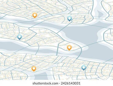 Amplio esquema de la ciudad con puntos de interés. Resumen del plan de navegación de la zona urbana. Mapa general de la ciudad que indica calles, carreteras y edificios. Ilustración vectorial editable plana de color