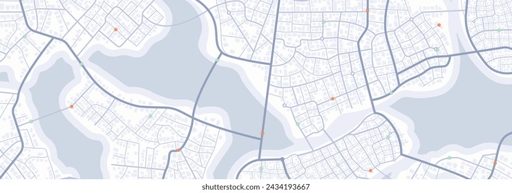 Amplio esquema de la ciudad con puntos de interés. Resumen del plan de navegación de la zona urbana. Mapa general de la ciudad que indica calles, carreteras y edificios. Ilustración vectorial editable plana de color