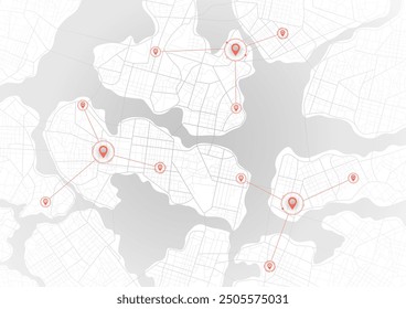 Amplio esquema de ciudad con puntos de interés. Plan de navegación Abstractas del casco urbano. Mapa general de la ciudad que indica calles, carreteras y edificios. Ilustración vectorial