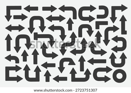 Extensive collection of black arrows with rounded corners and diverse orientations, ideal for user interfaces.