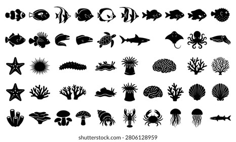Extensive collection of black marine life silhouettes including tropical fish, shark, turtle, octopus, stingray, jellyfish, crustaceans, and various coral reef species on white background.
