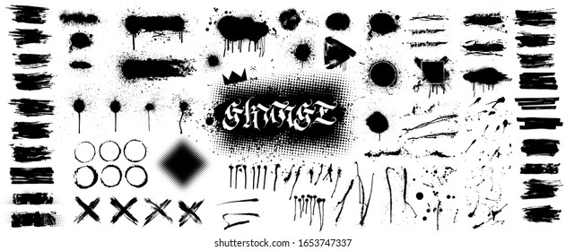 Extensive collection of black paint, great elaboration, spray graffiti stencil template ink brush strokes, brushes, lines. Paint splats blotches. Ink splashes stencil, Isolated vector set, grunge 