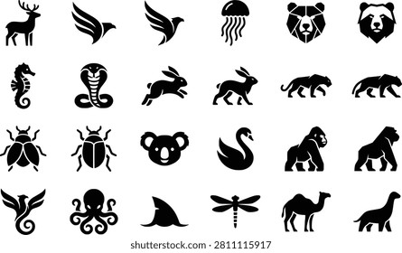 Extensive collection of black silhouettes depicting diverse animals including a deer, eagle, jellyfish, bear, seahorse, cobra, rabbit, swan, gorilla, camel, crab, octopus, shark, dragonfly, and dinosaur.