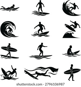 Extensive collection of black silhouettes featuring diverse surfing techniques, bodyboarding, and paddleboarding on waves.