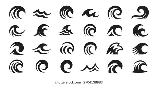 Amplia colección de iconos de olas negras, Elementos gráficos abstractos de oleaje oceánico para proyectos de marca, logotipo, Web y diseño. Vector