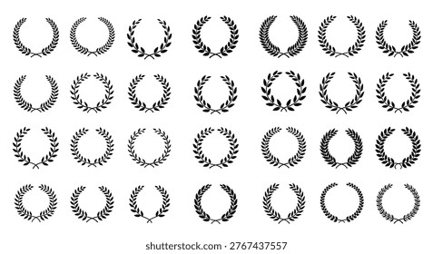 Extensive collection of circular laurel wreath symbols and trophy frame icons representing victory and achievement in black color.