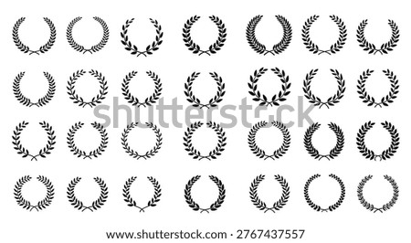 Extensive collection of circular laurel wreath symbols and trophy frame icons representing victory and achievement in black color.