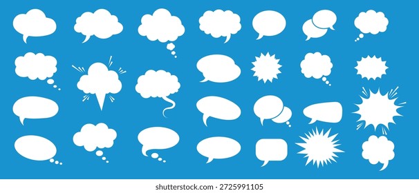 Extensive Collection of Creative White Speech Bubbles and Thought Clouds in Multiple Shapes and Styles on Bright Blue Background for Communication, Messaging, Idea Sharing, and Dialogue Design Concepts Vector