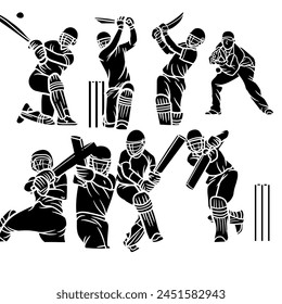 Extensive collection of cricket player silhouettes, including batsmen, bowlers, and cricket-related elements svg