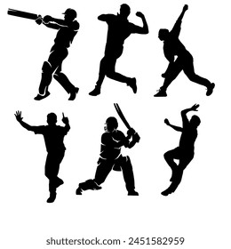Extensive collection of cricket player silhouettes, including batsmen, bowlers, and cricket-related elements svg