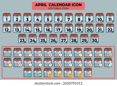 Ampla coleção de ícones personalizáveis do calendário de abril com diversas opções de aplicativos