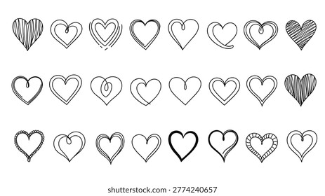 Extensive collection of diverse hand-drawn heart outlines and shapes with varied textures, showcasing love and affection through numerous artistic renditions.