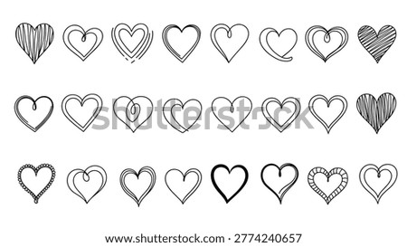 Extensive collection of diverse hand-drawn heart outlines and shapes with varied textures, showcasing love and affection through numerous artistic renditions.