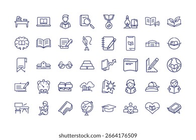 Una extensa colección de íconos educativos que representan libros, aprendizaje, conocimiento y logros académicos, todos meticulosamente elaborados y presentados sobre un fondo blanco.