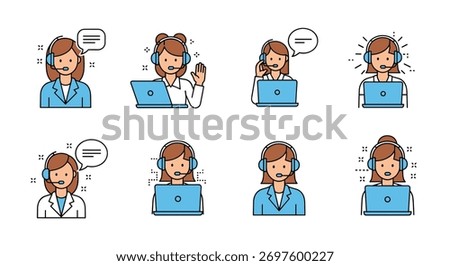 Extensive collection of eight customer service agent icons, featuring female representatives with headsets and laptops, displaying various actions and emotions.