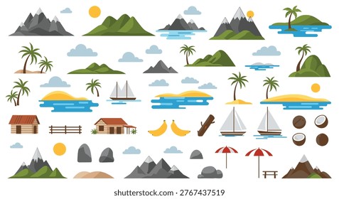 Extensive collection of flat design landscape elements including mountains, tropical islands, sailboats, and cozy forest houses.