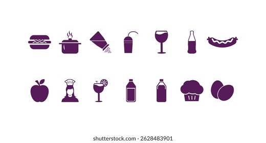 Extensive collection of food and drink vector web icons showcasing beverages, snacks, fast food, kitchenware, utensils, and culinary symbols for digital design projects