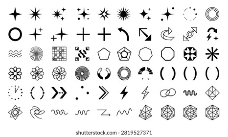 Extensive collection of geometric shapes and abstract graphic elements, presented as black and white outline icons. This minimal, modern design set is versatile for various projects, offering clean lines and contemporary forms suitable for logos, web design, and branding.