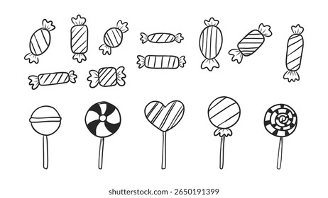 Extensive Collection of Hand-Drawn Wrapped Candies and Striped Lollipops