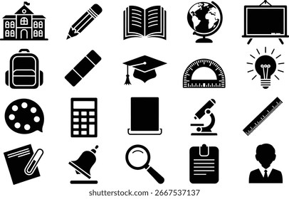 Eine umfangreiche Sammlung von Symbolen für Bildung und Schulmaterial, wie Bücher, Globen, Bleistifte, Taschenrechner, Mikroskope und Abschlusskappen, einzeln auf Weiß.