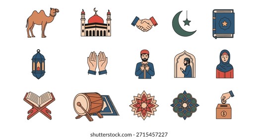 Amplia colección de íconos islámicos con figuras religiosas, mezquitas, un camello, manos de oración, un tambor bedug y caridad zakat. Perfecto para los diseños de Eid y Ramadán.