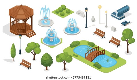 Extensive collection of isometric park elements including fountains benches bridges and garden landscaping for urban planning.