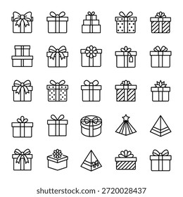Extensa colección de iconos vectoriales de arte de línea para varias Formas de cajas de regalo y diseños de regalos de vacaciones.