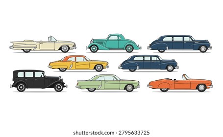 Extensive collection of nine classic vintage cars in various models and colors including sedans, convertibles, and coupes from the mid twentieth century.