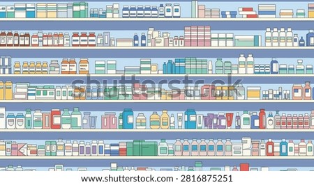 Extensive collection of pharmaceutical products arranged on pharmacy shelves