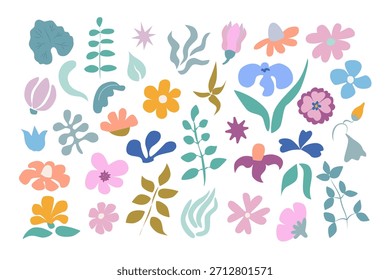 Amplia colección de ilustraciones botánicas de estilo primitivo en colores pastel suaves. Flores y hojas minimalistas de la línea del arte para el diseño interior o textil moderno.