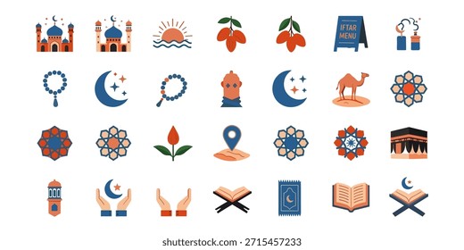 Extensive collection of Ramadan icons including mosques, dates, prayer mats, the Kaaba, and spiritual symbols. Perfect for Eid greetings and Islamic cultural designs.