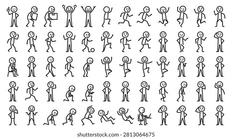 Extensive collection of stick characters displaying diverse emotional states physical activities and movements.