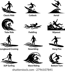 Extensive collection of surfing silhouettes showcasing classic ride, cutback, aerial, tube ride, and other diverse styles.
