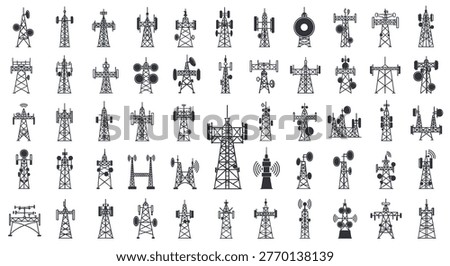 Extensive collection of telecommunications tower silhouettes and icons representing different wireless network and radio signal masts.