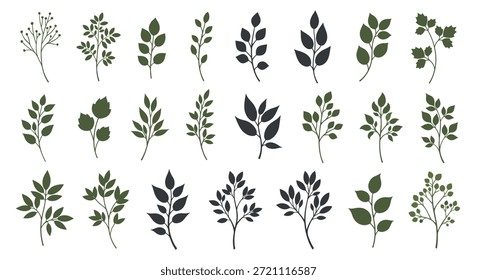 Umfangreiche Sammlung von 21 verschiedenen grünen und dunkelgrauen Blattzweigen in einem sauberen, minimalistischen botanischen Illustrationsstil.