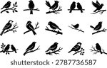 Extensive collection of various bird silhouettes, some perched on branches, others in flight, on a transparent background.