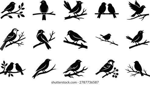Extensive collection of various bird silhouettes, some perched on branches, others in flight, on a transparent background.